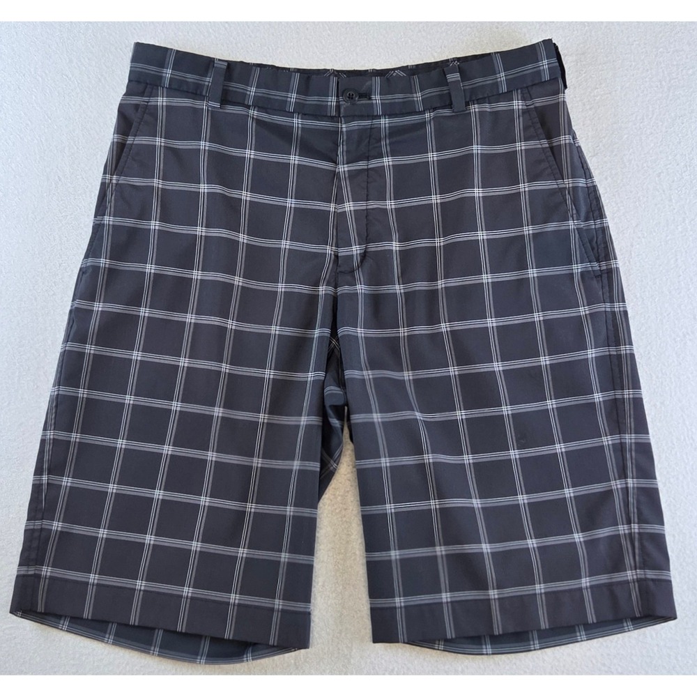 Nike Golf Dri-Fit Plaid Shorts Men's 32 Black Gray Stretch 11" Inseem 398615-010